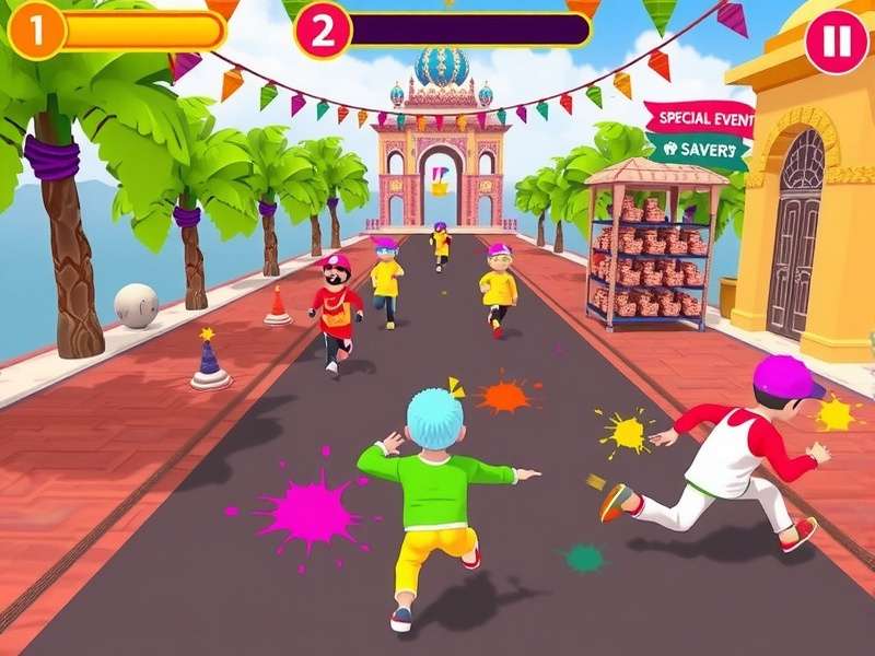 Celebration Holi Run special event screen showing festival decorations and player rankings