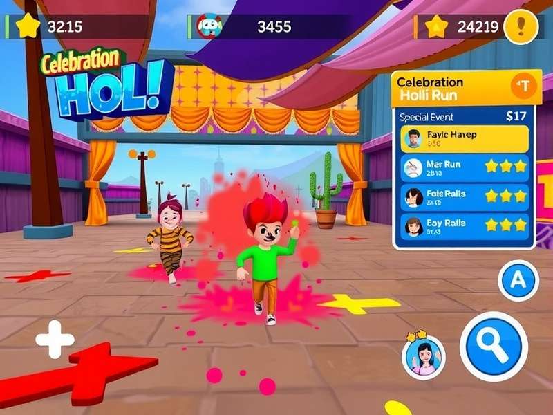 Celebration Holi Run gameplay screenshot showing colorful characters running through festival scenes
